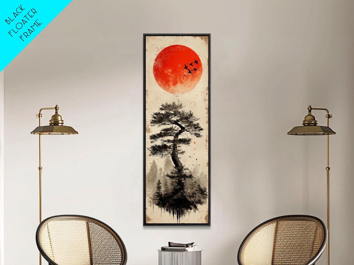 Japanese Red Sun Ink Pine Tree Birds Zen Minimalist Rustic Vertical Poster - Image 4
