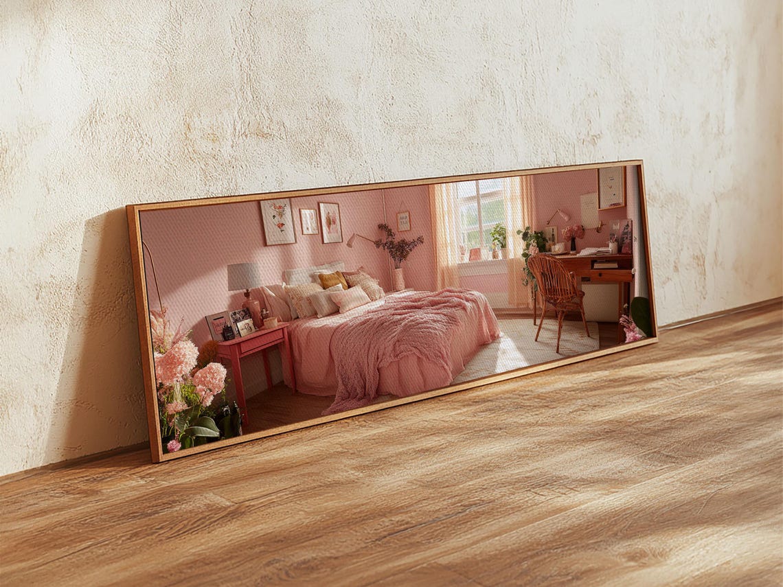 Pink Cozy Bedroom Interior Art Sunlit Cottagecore Blush Wall Poster - Image 3