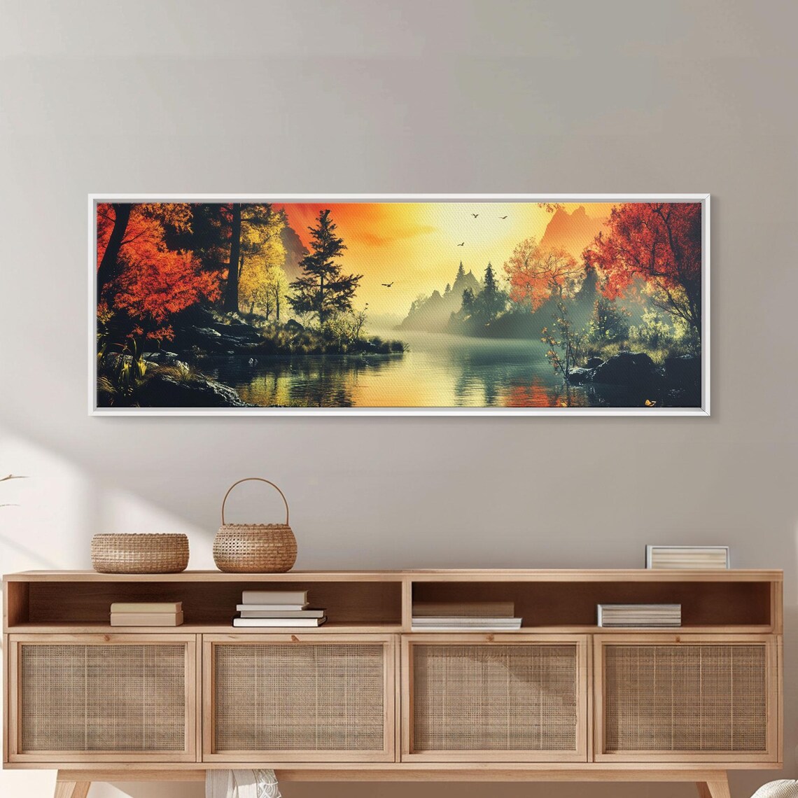 Dark And Moody Landscape Sunset In The Valley Framed Print Original Artwork Horizontal Print Above Sofa Lake House Lake Art
