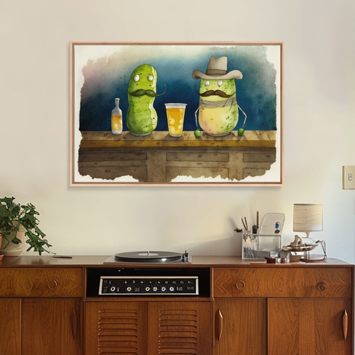 Funny Pickles At Bar Mustache Cowboy Hat Beer Watercolor Humor Poster - Image 4