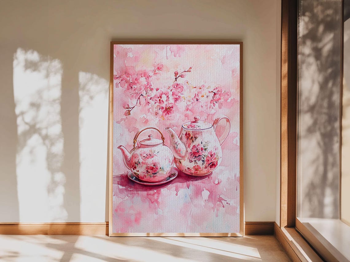 Floral Teapots Cherry Blossom Pink Watercolor Kitchen Art Print - Image 4