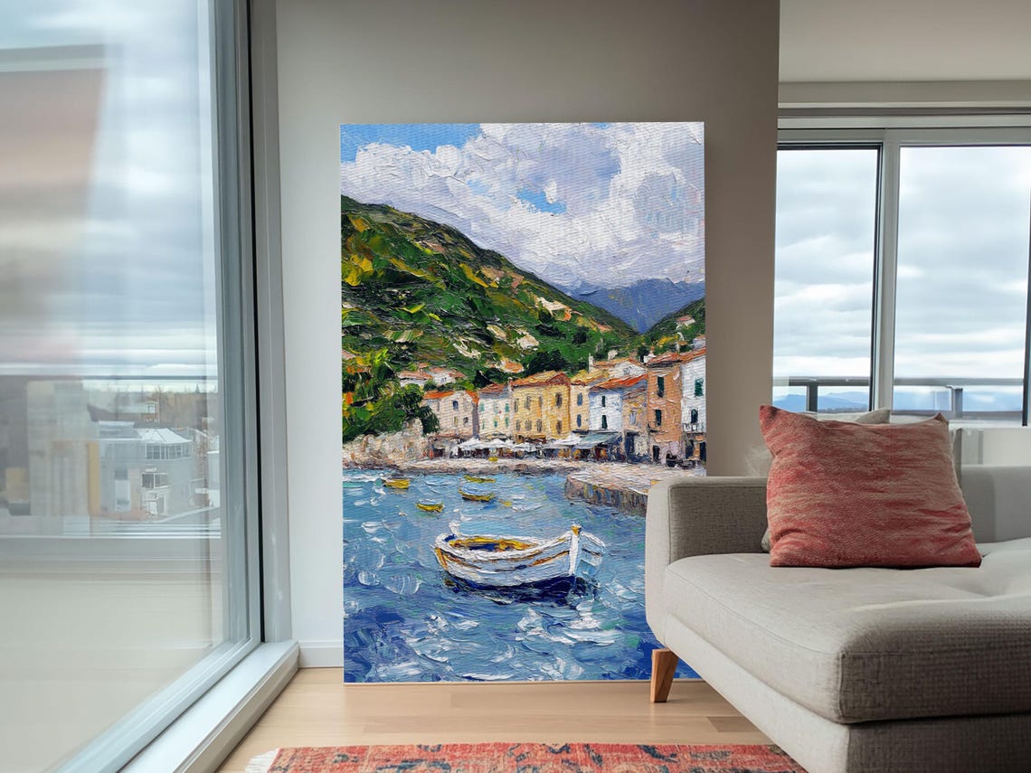 Modern Art Print Italian Fishing Village Italy Oil Painting Neutral Wall Art Seascape Painting Impasto Style Print Boho - Image 5