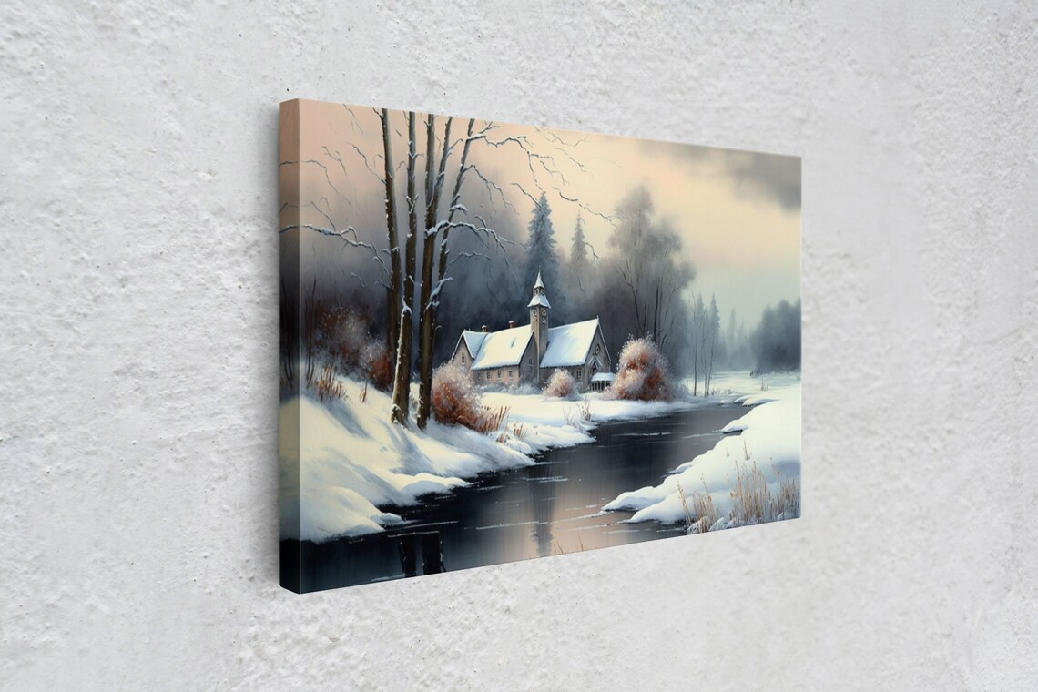 Snow Covered Landscape Church Art, Boho Minimalist Modern - Image 4