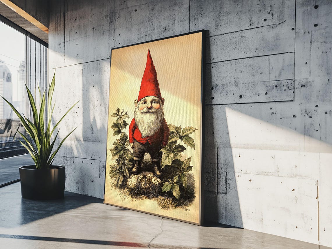 Vintage Garden Gnome Red Hat Botanical Illustration Wall Art Poster - Image 5