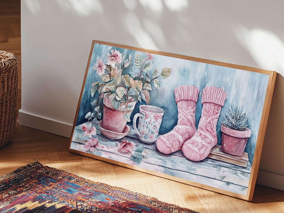 Pink Knitted Socks Potted Plants Tea Mug Cozy Cottage Wall Poster - Image 3
