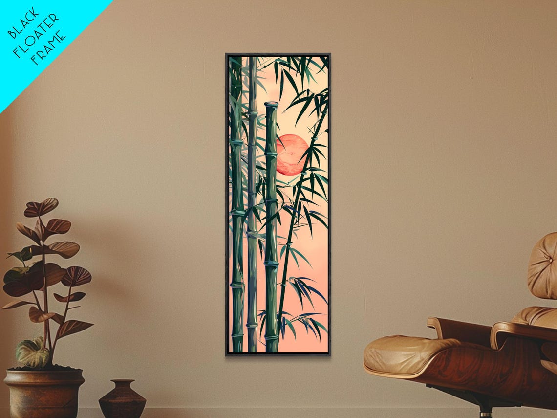 Bamboo Stalks Red Sun Silhouette Sunset Tall Japanese Wall Art - Image 5