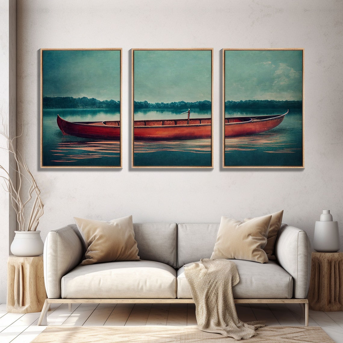 Red Canoe On Calm Teal Lake Three Piece Wall Art Tranquil Print - Image 6