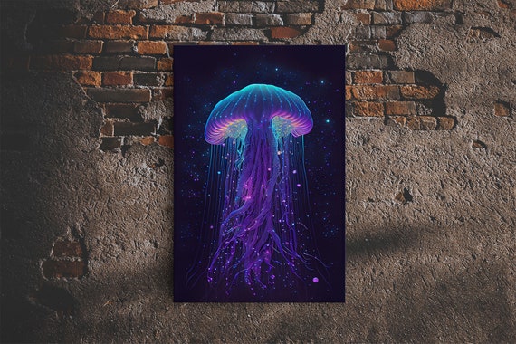 Bioluminescent Jellyfish Against A Starry Night Sky Cosmic Jelly Fish Framed Print Synthwave Style Art