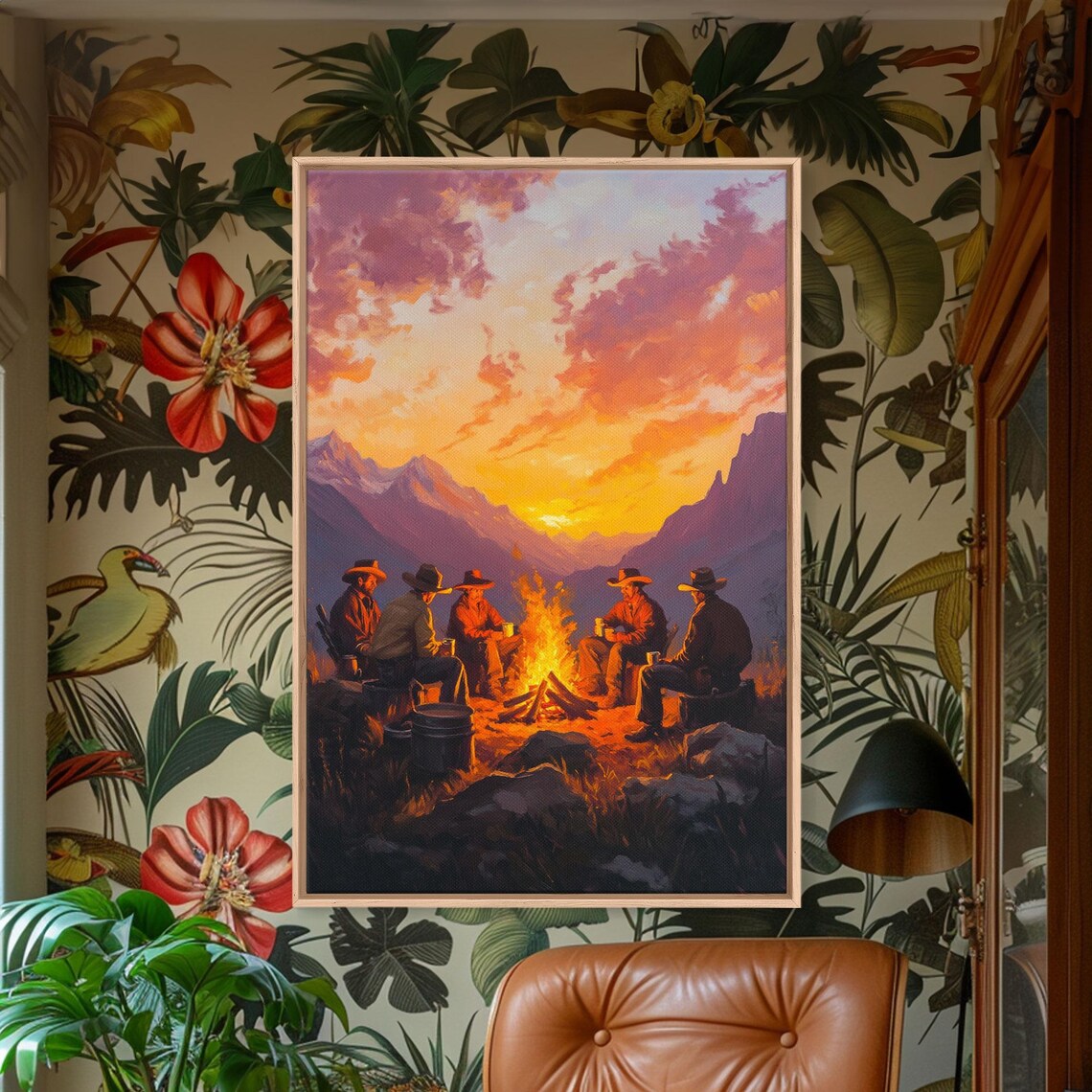 Cowboys Around Campfire In Mountains At Sunset Glow Art Poster - Image 4