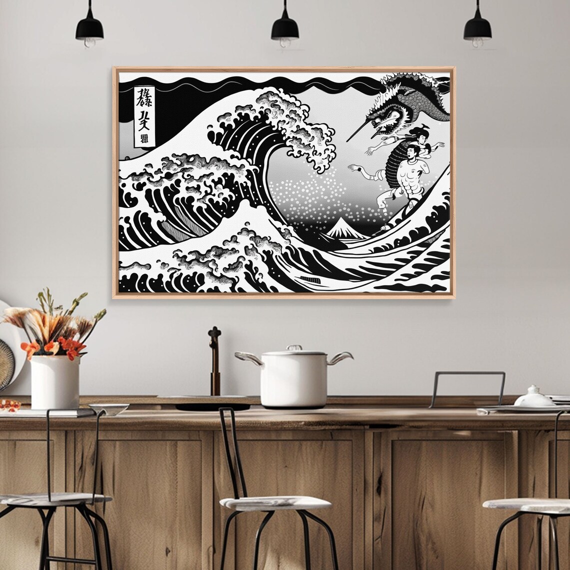 Great Wave Dragon Black White Japanese Woodblock Style Ocean Art Poster - Image 3
