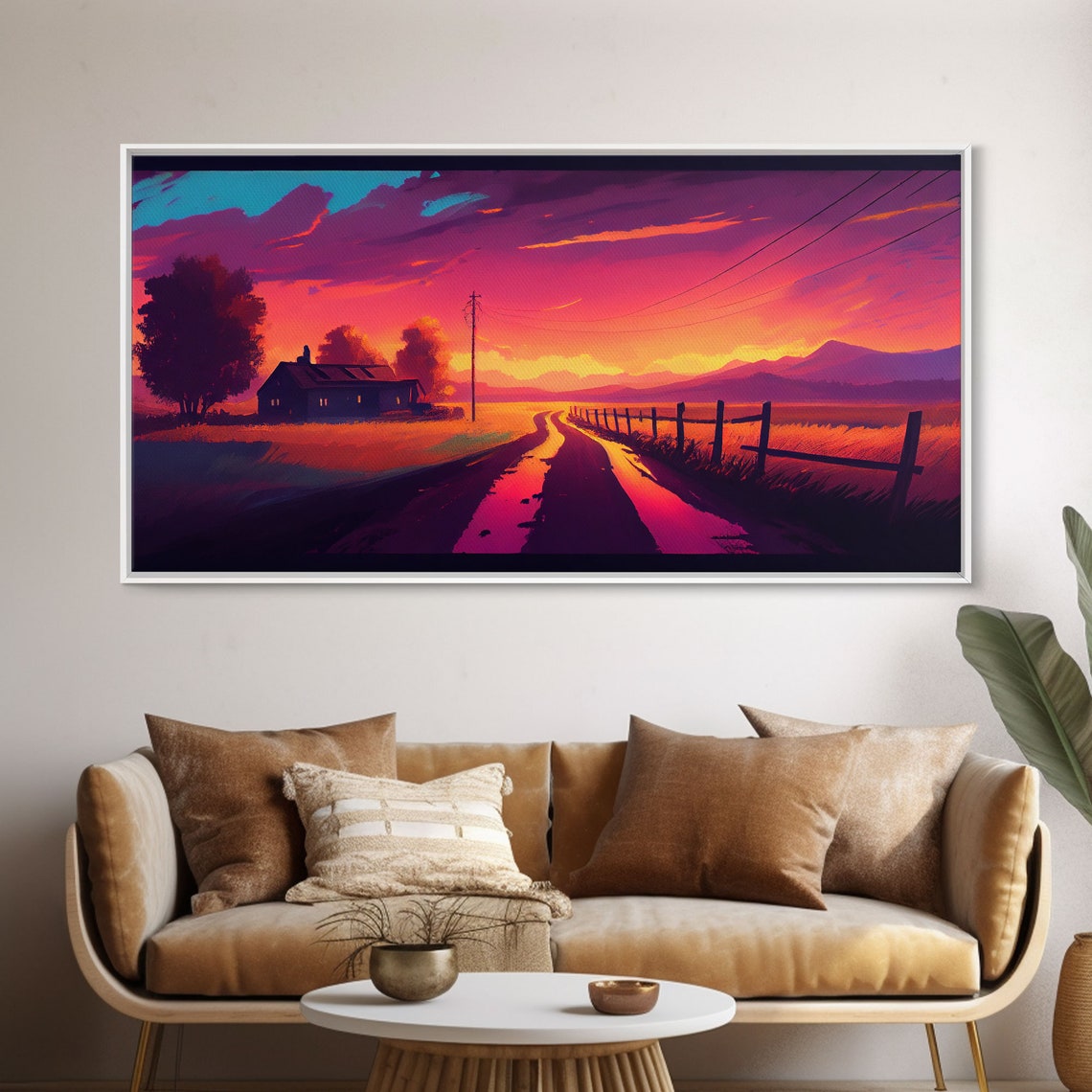 Neon Sunset Country Road Farmhouse Retro Synthwave Landscape Poster - Image 5