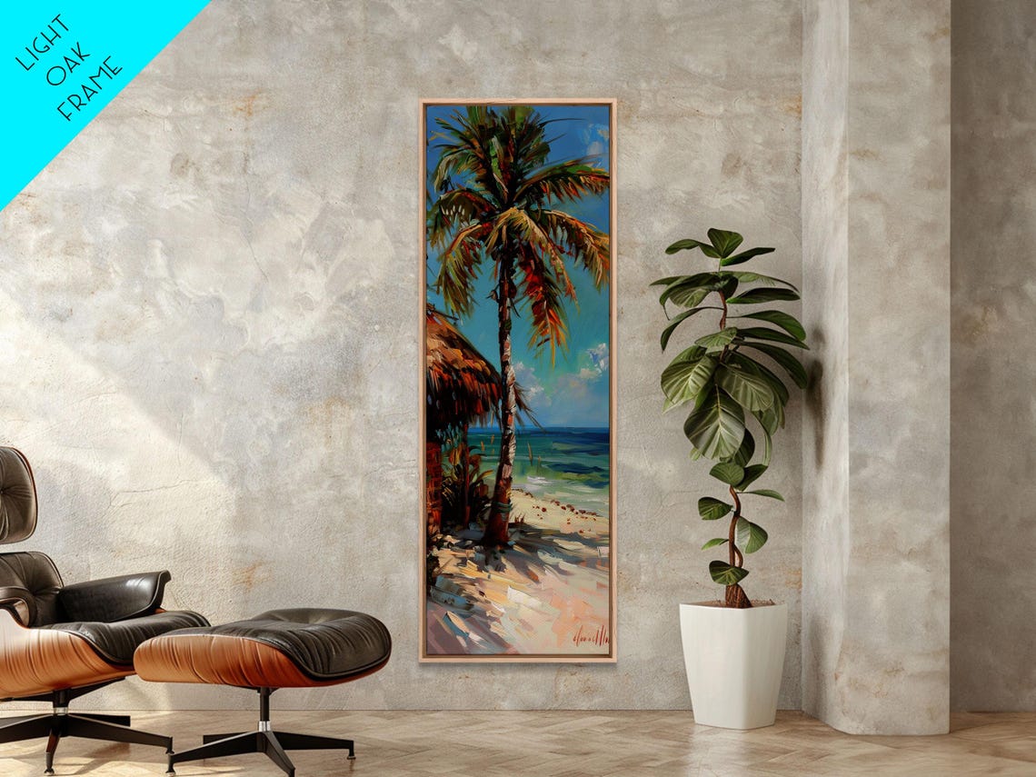 Tall Palm Tree With Thatched Hut On Tropical Beach Sunny Coast Poster