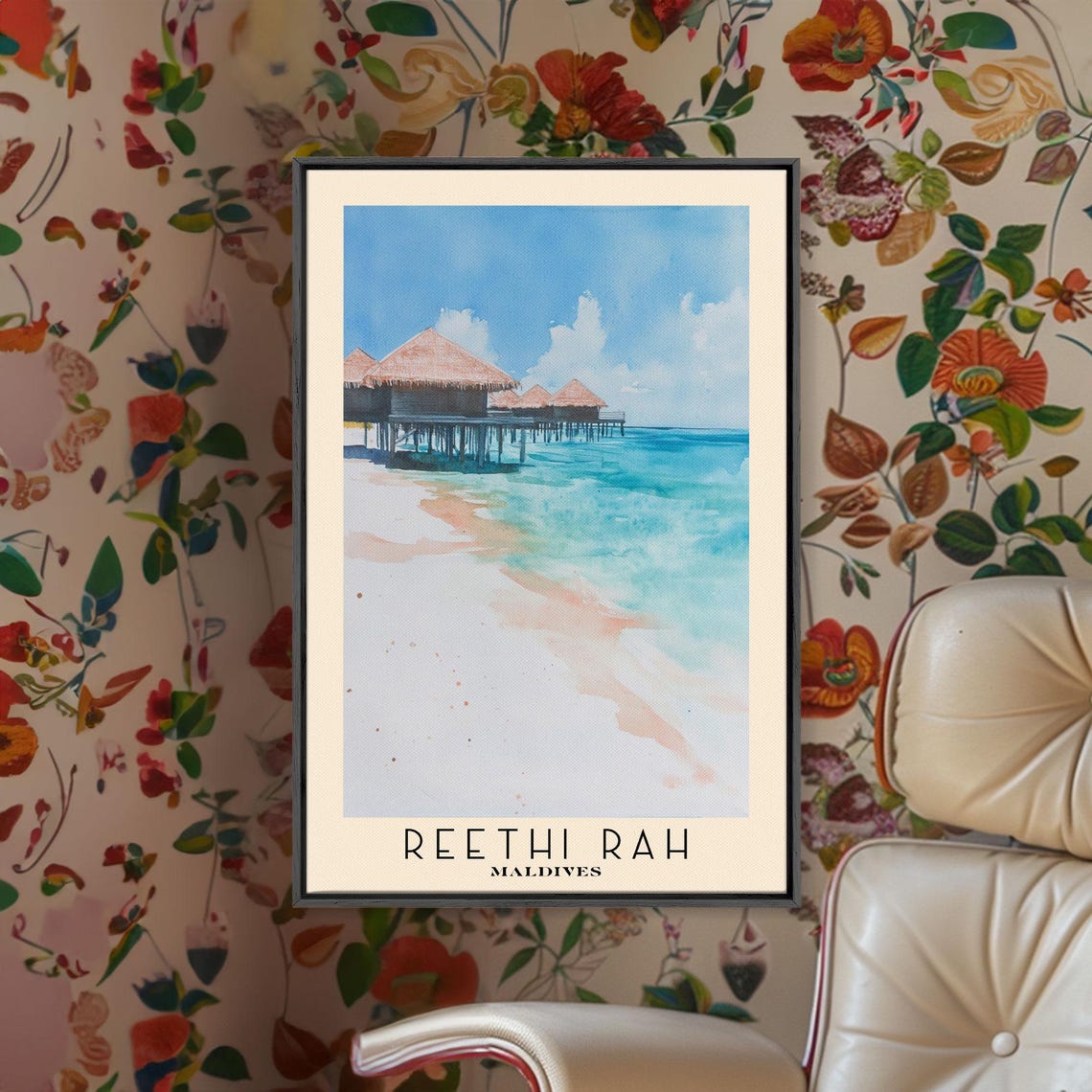 Reethi Rah Maldives Overwater Bungalow White Sand Watercolor Poster
