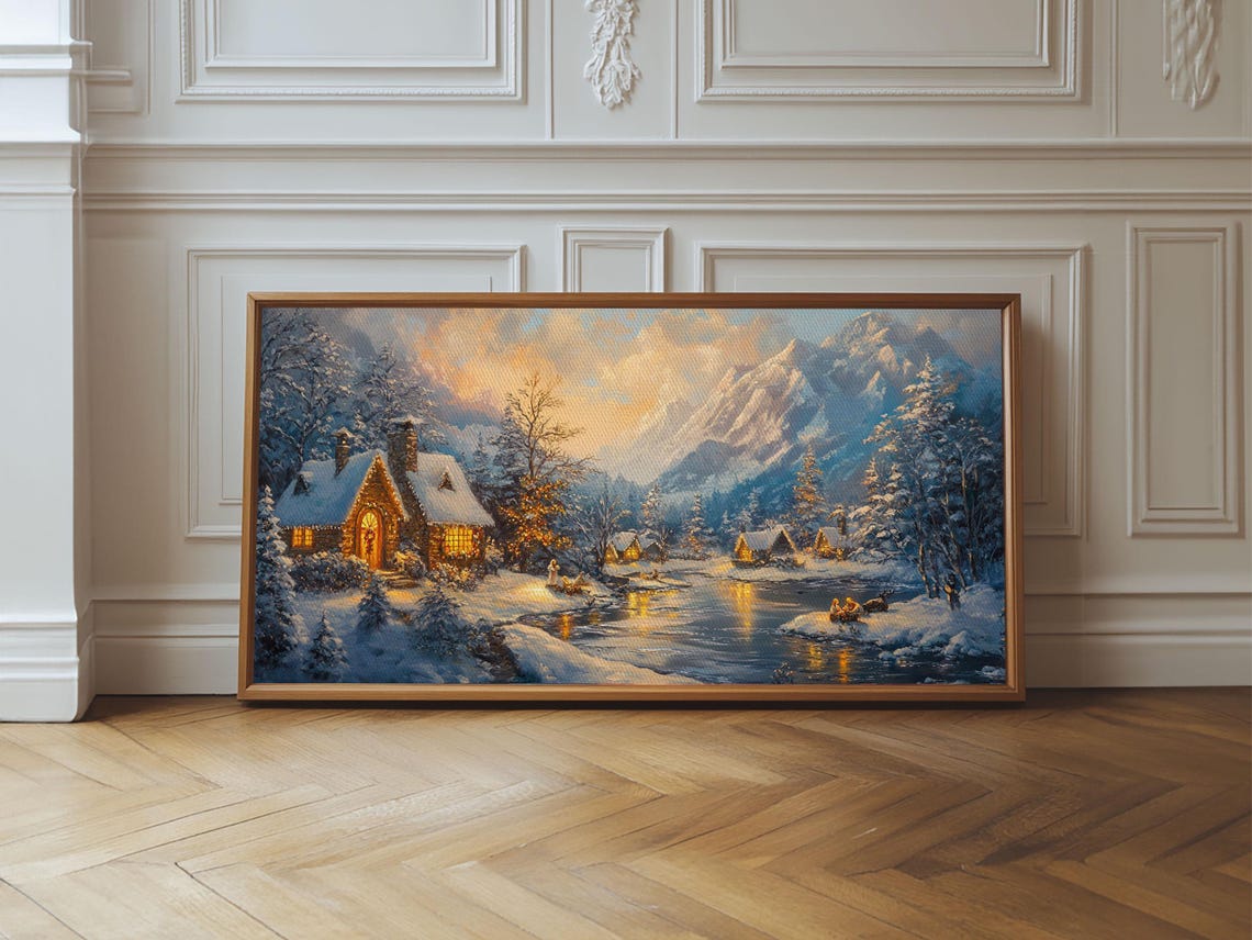Christmas Village By The Snowy Lake At Dusk Holiday Scene Poster - Image 2