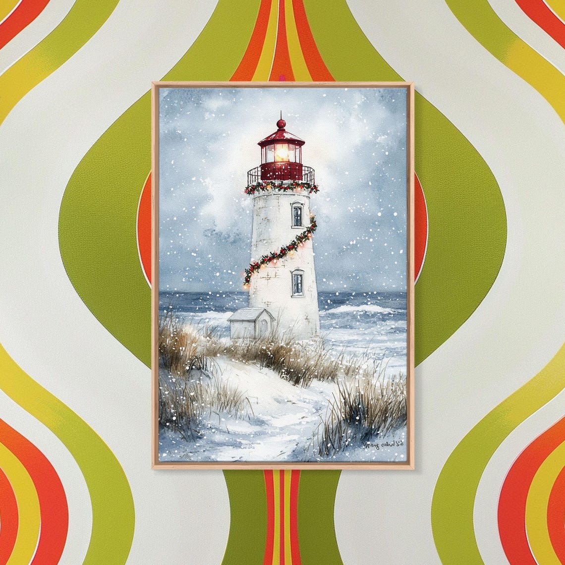 White Lighthouse Wrapped In Christmas Garland In Snowstorm Poster - Image 3