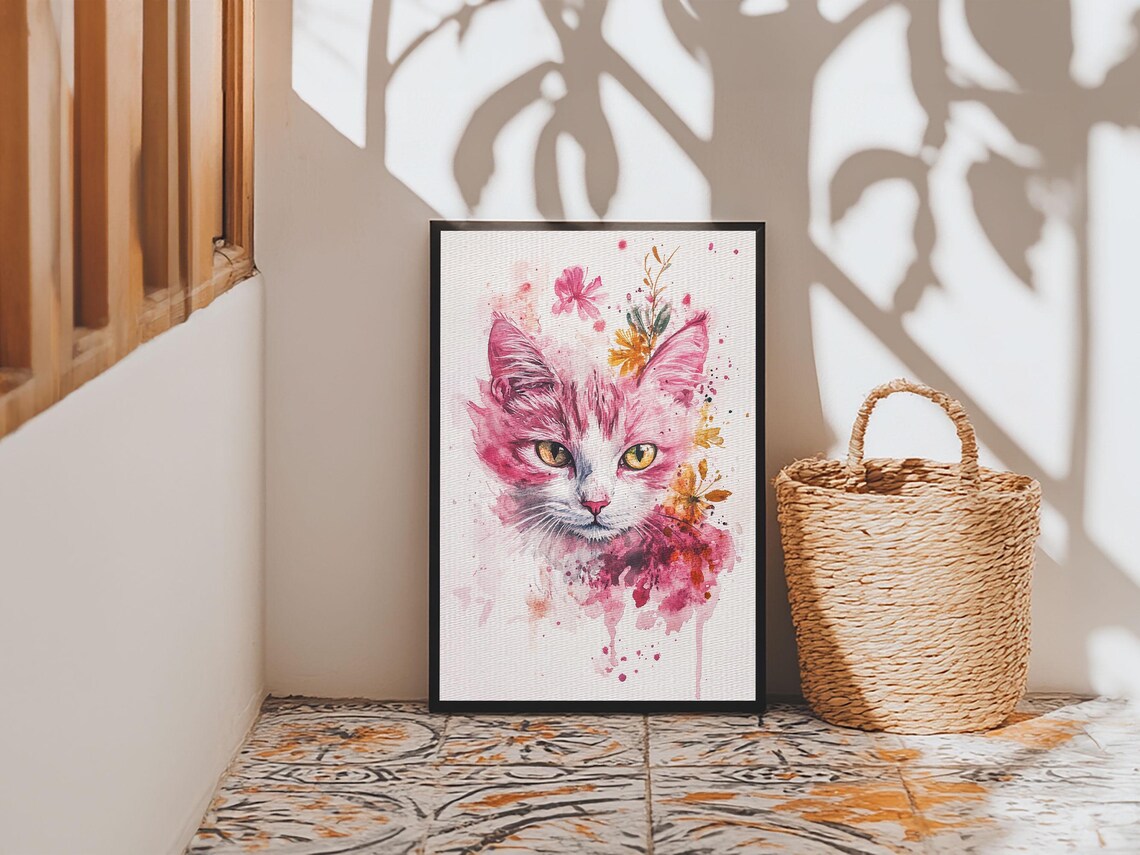 Watercolor Cat Face with Pink Floral Splashes Art Print Animal Wall Poster - Image 6