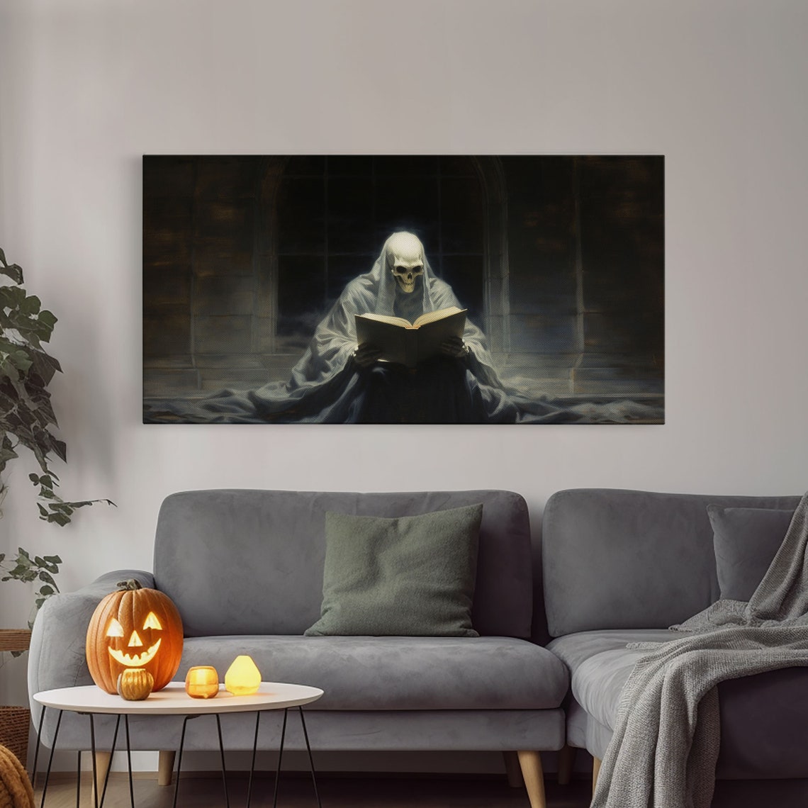 Grim Reaper Reading Book In Moonlit Library Gothic Panoramic Print - Image 2