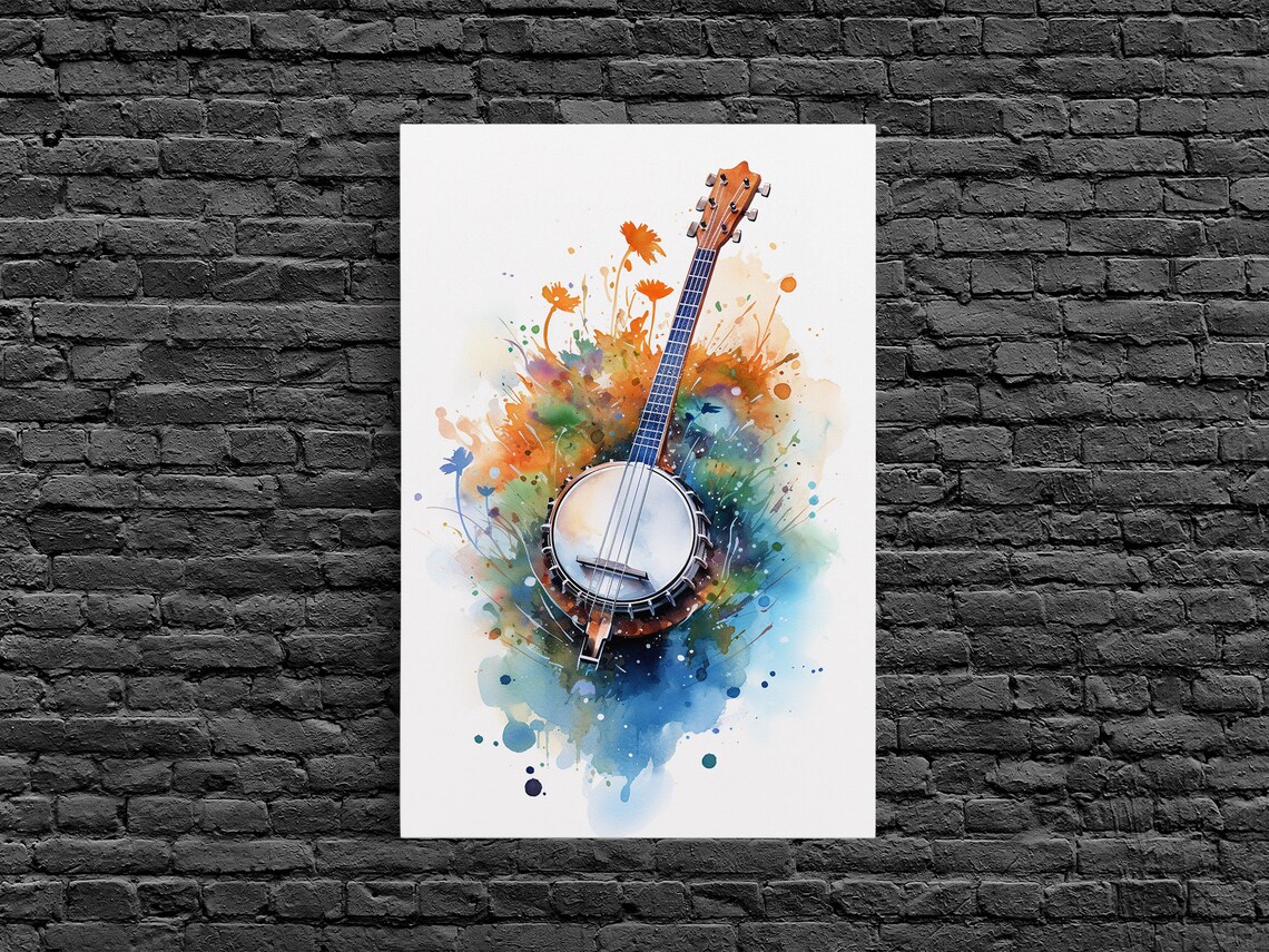 Banjo Watercolor With Wildflowers Country Music Instrument Art Poster - Image 3