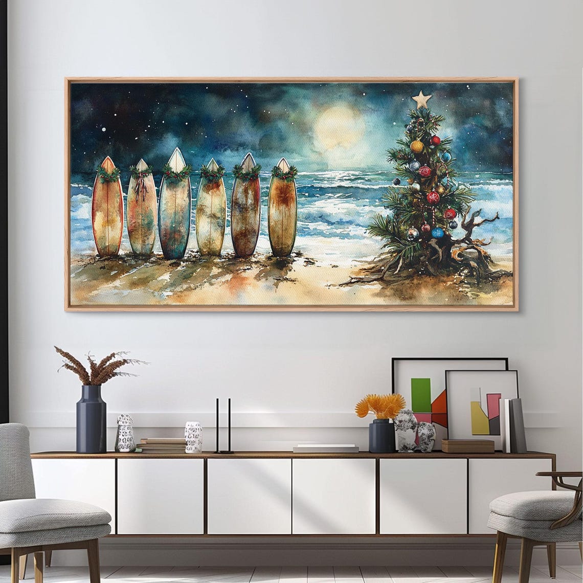 Christmas Surfboards Night Beach Moonlit Ocean Holiday Tree Art Poster - Image 3