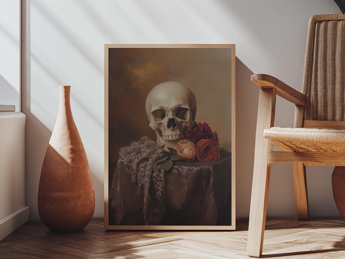 Skull And Roses Dark Academia Still Life Oil Painting Memento Mori Wall Art - Image 5