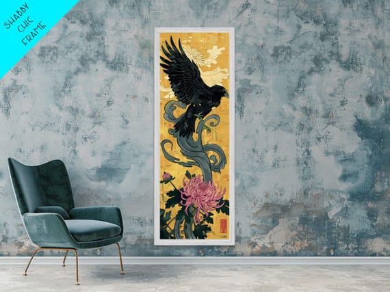 Print Japanese Eagle In Flight Over Chrysanthemum Flowers Bold Traditional Art For Statement Wall Piece Cultural Home Decor