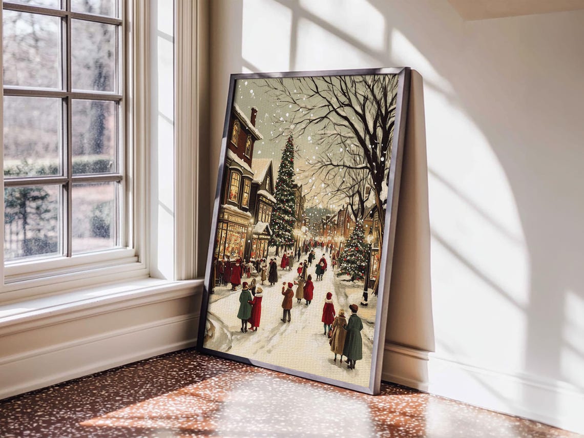 Christmas Village Painting Print Vintage Christmas Art Print Christmas Home Decor Framed Christmas Art Christmas Village Art - Image 2