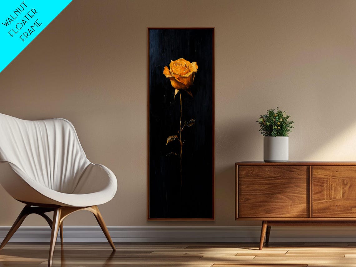 Golden Rose On Black Background Single Long Stem Elegant Poster - Image 4