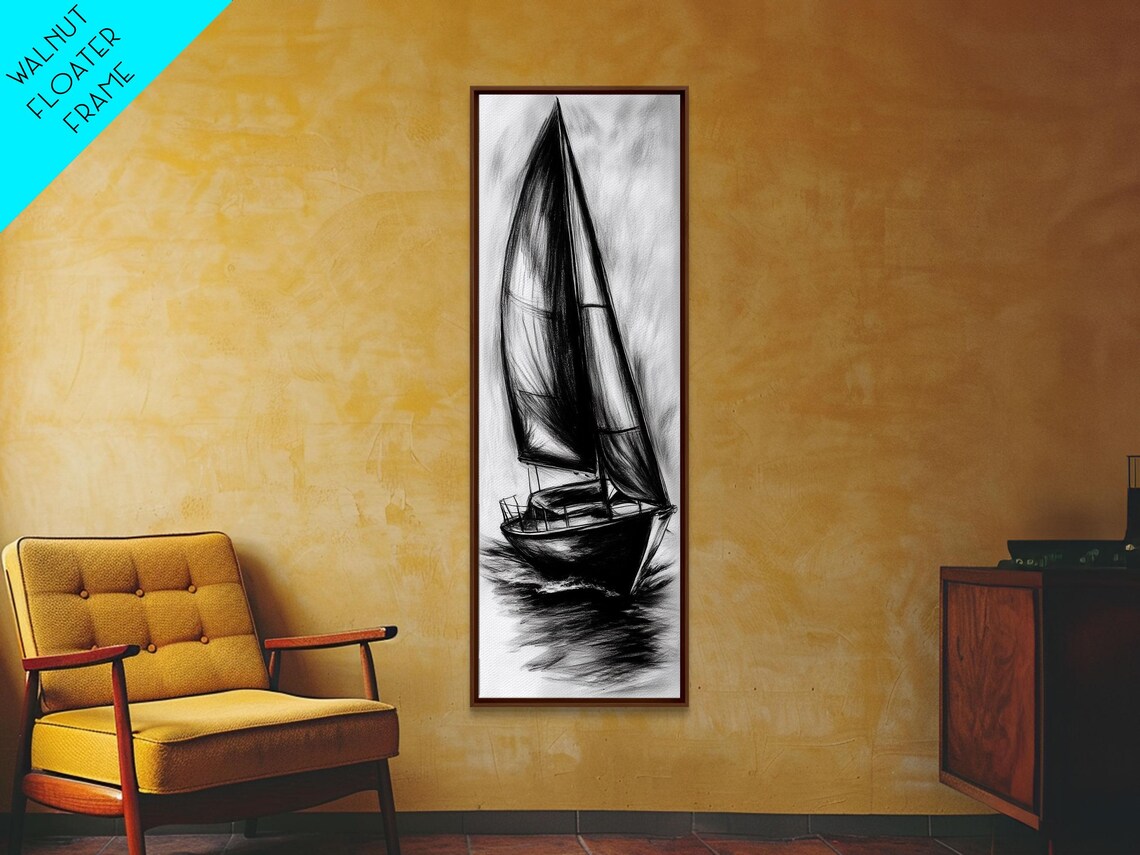 Charcoal Sketch Of A Sailboat Framed Print Nautical Decorl Nautical Wall Art Sailboat Painting Sail Boat Art Tall Skinny Wall Art - Image 3
