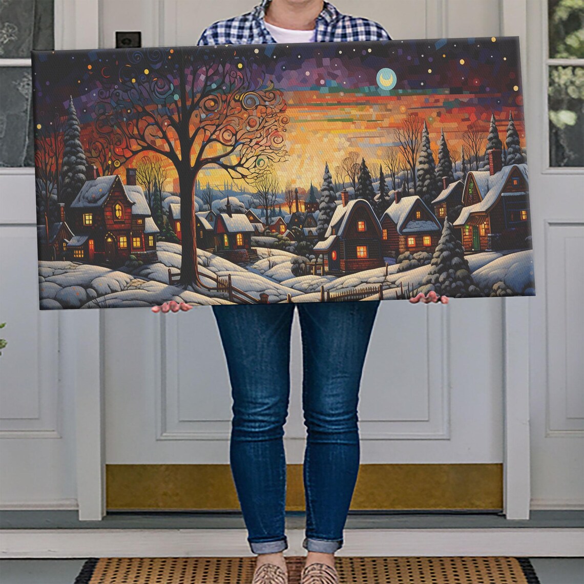 Whimsical Christmas Village At Night Under Swirling Starry Sky Poster - Image 4