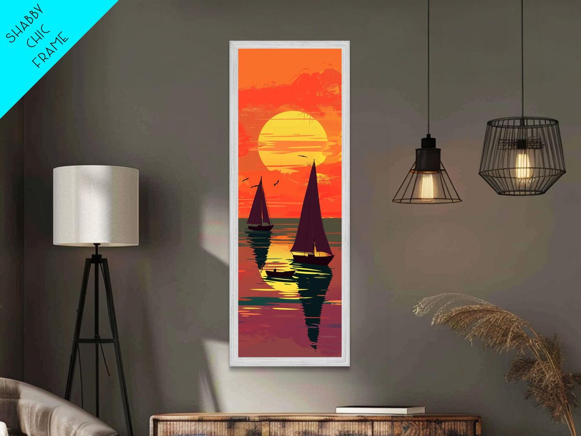 Sailing Boats Orange Sunset Golden Sun Seascape Ukiyo E Poster - Image 4