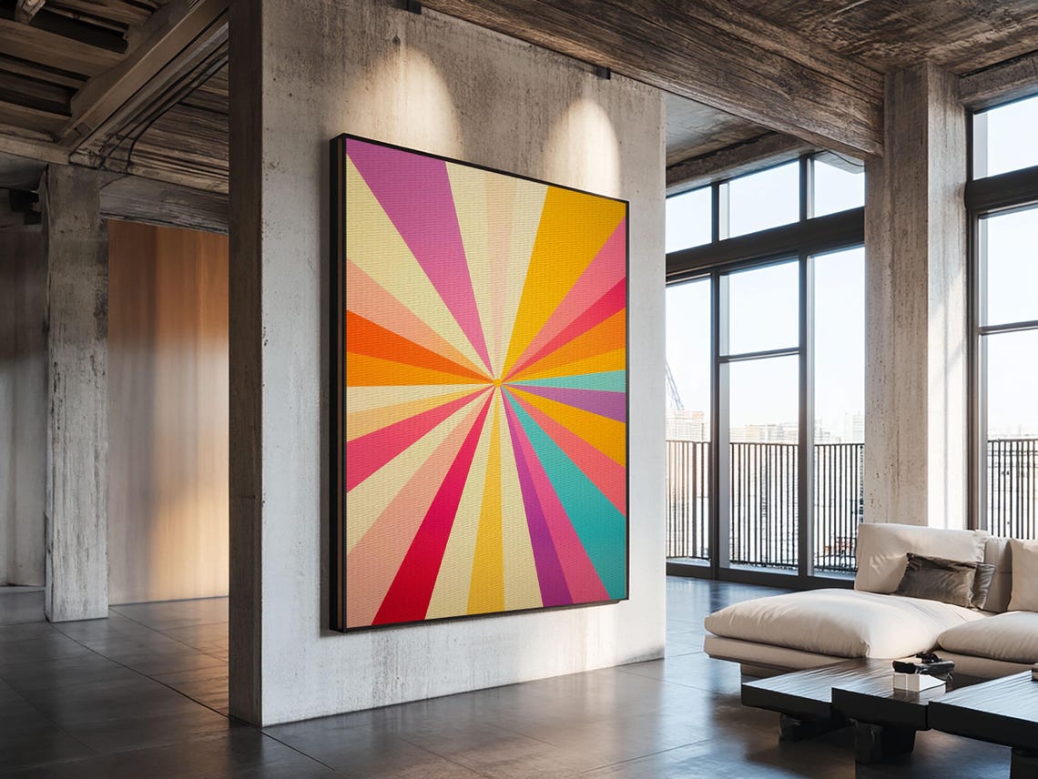Retro Sunburst Rays Pink Orange Teal Cream Colorful Abstract Poster - Image 5