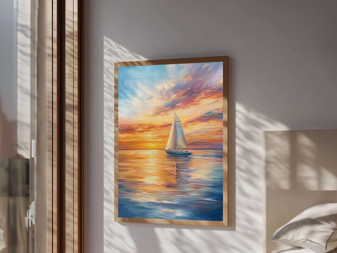 Sailboat At Sunset On Calm Ocean Vibrant Sky Nautical Wall Art Print - Image 6