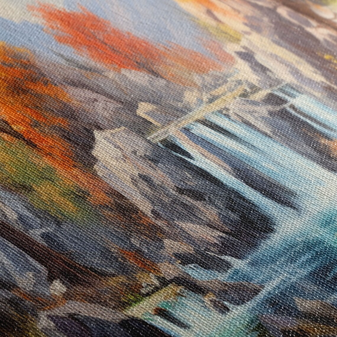 Autumn Waterfall Landscape Painting Orange Trees Rocky River Art - Image 2