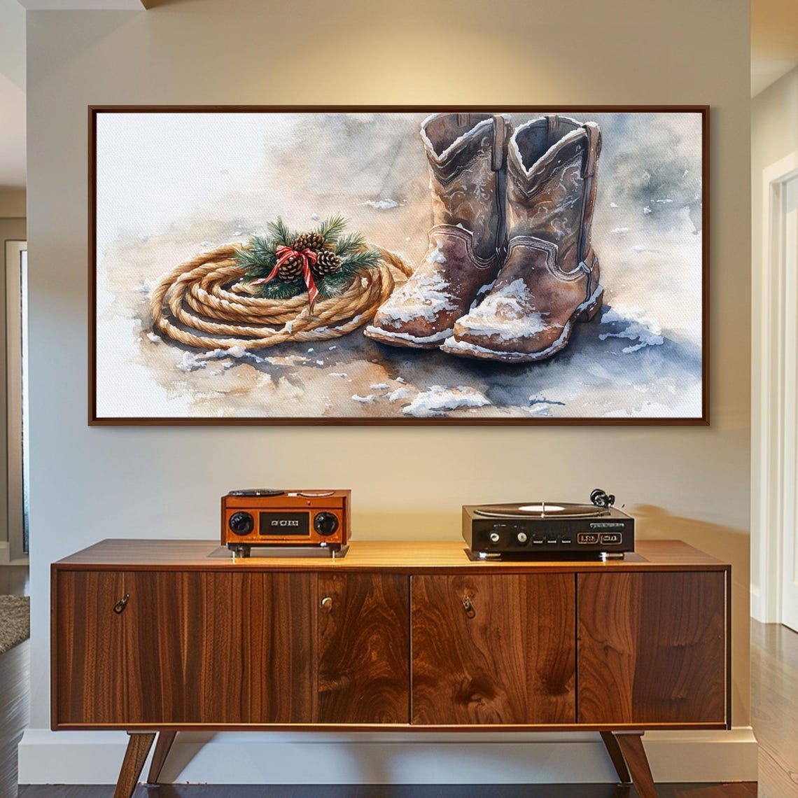 Rustic Cowboy Boots Snow Rope Pinecones Red Ribbon Christmas Poster