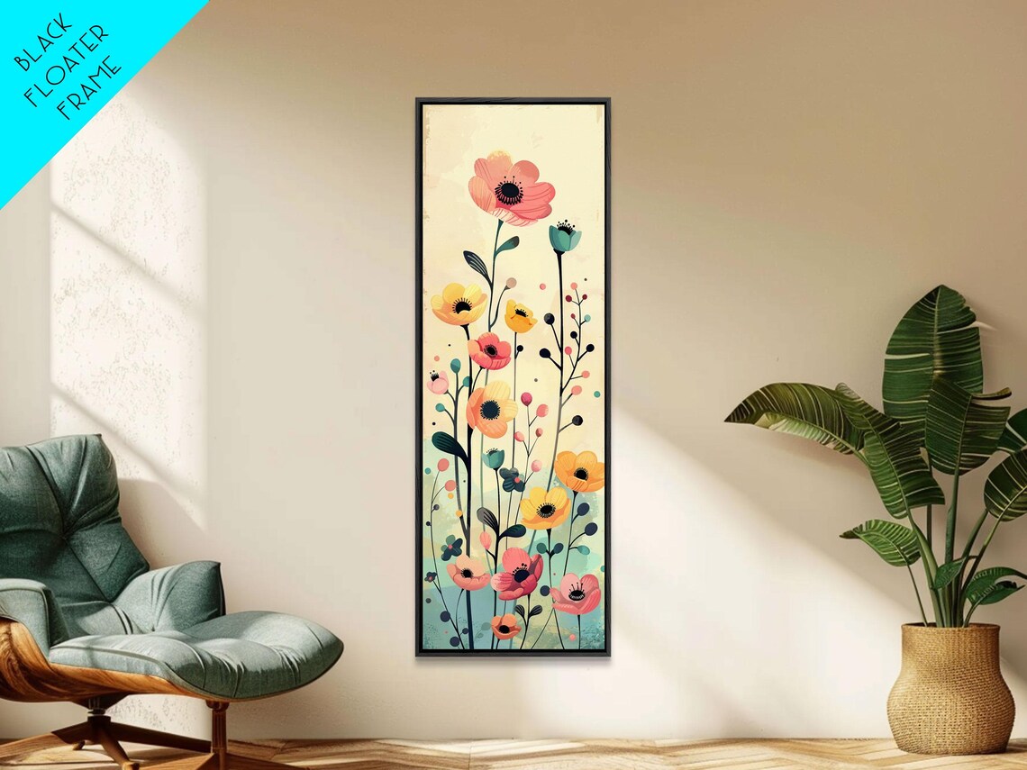 Bright Field Of Wildflowers Warm Yellow Orange Tall Art Print - Image 3