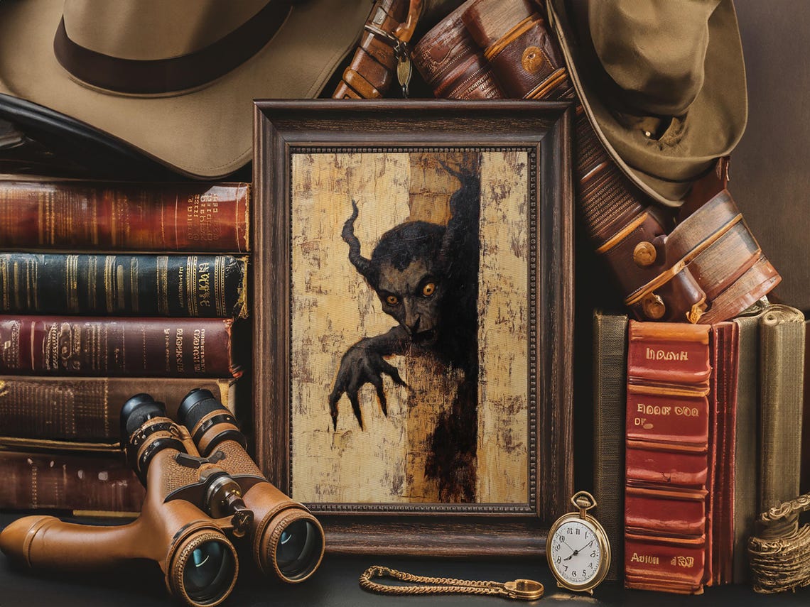 Horned Demon Peeking Around Wall Dark Horror Painting Poster - Image 3