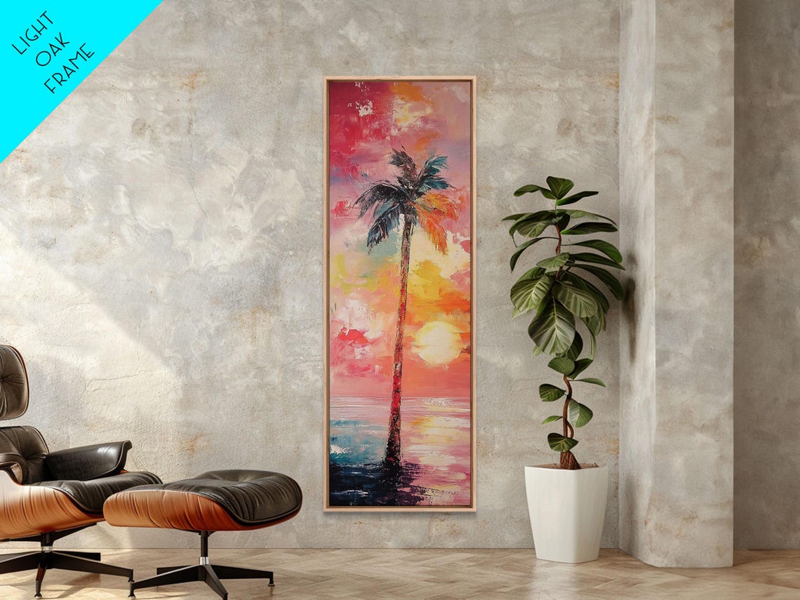 Palm Tree Sunset Ocean Vibrant Pink Impasto Coastal Wall Art - Image 3