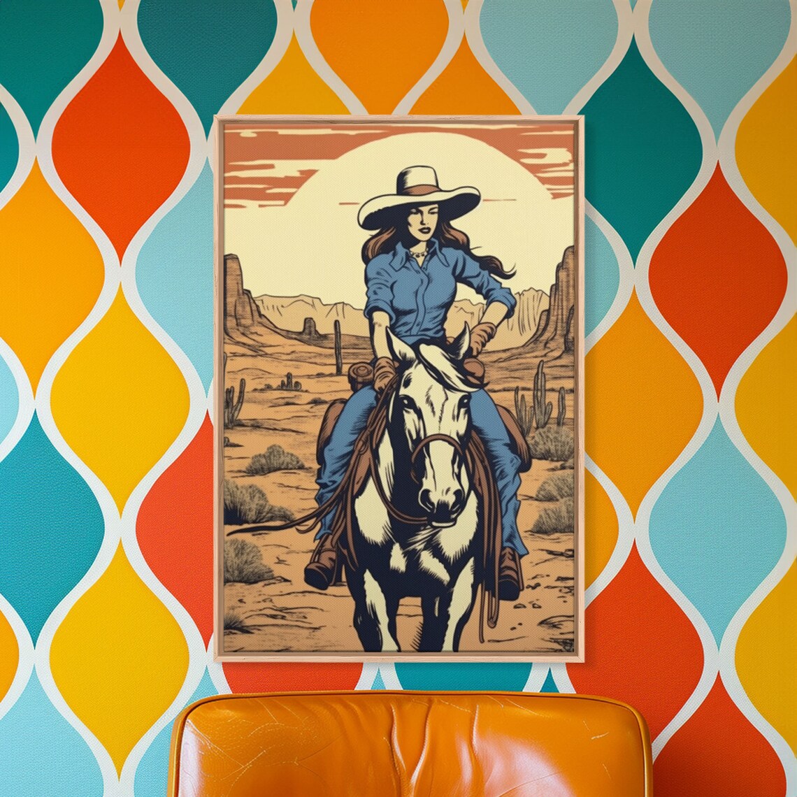 Cowgirl Riding White Horse Desert Canyon Sunset Retro Western Poster - Image 3