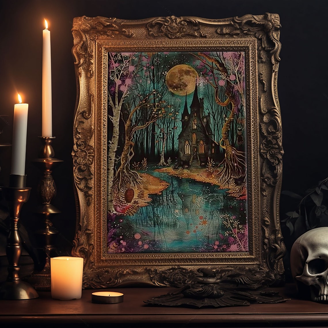 Haunted Castle By The Lake Full Moon Gothic Forest Art Poster - Image 5