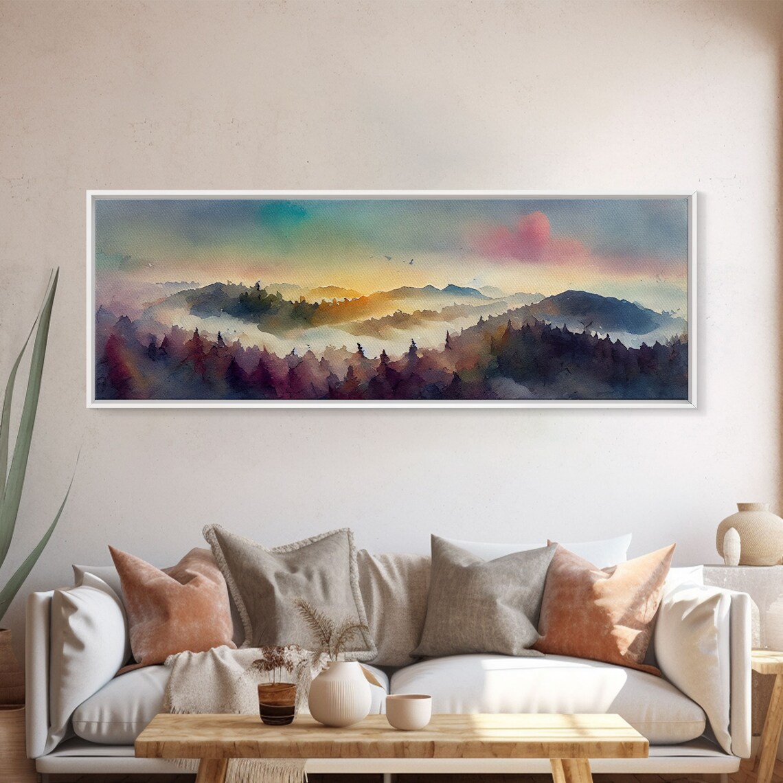 Watercolor Sunset Landscape Art Print, Emerald Green - Image 5