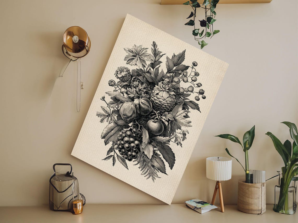 Vintage Fruit and Foliage Bouquet Black Botanical Engraving Art Print - Image 4