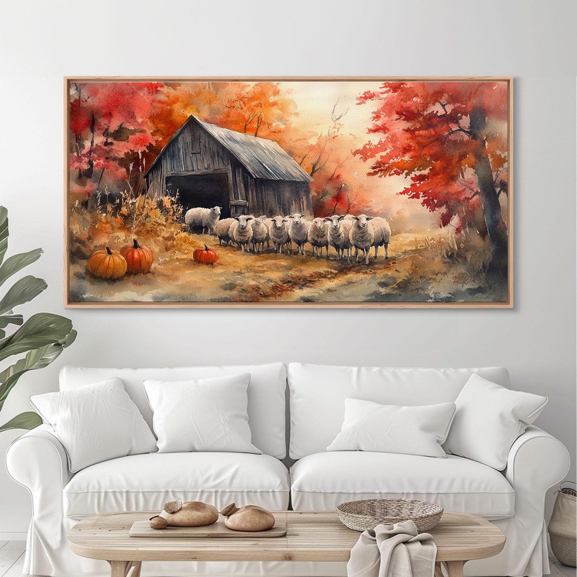 Woolly Sheep Flock By Old Barn With Pumpkins Autumn Art Print - Image 2