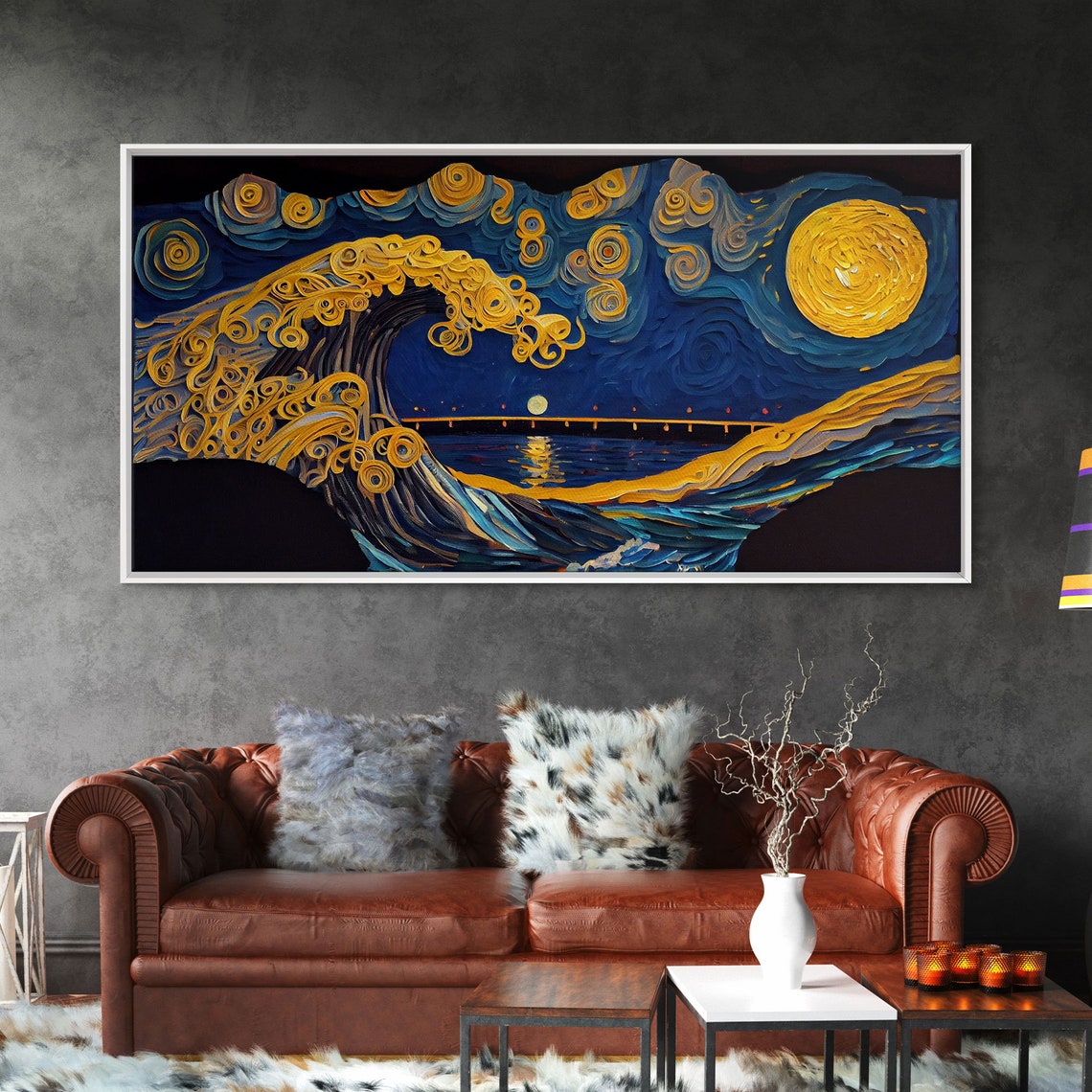 The Wave Abstract Art Framed Print Wood Framed Wall Art Gift Van Gogh Style Art Full Moon - Image 6