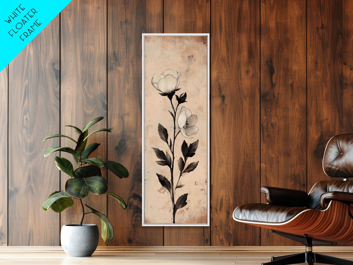 Sketch Of A Flower Print Wood Framed Wall Art Flower Painting Flower Decor Floral Botanical Wall Art Flower Print Narrow Art