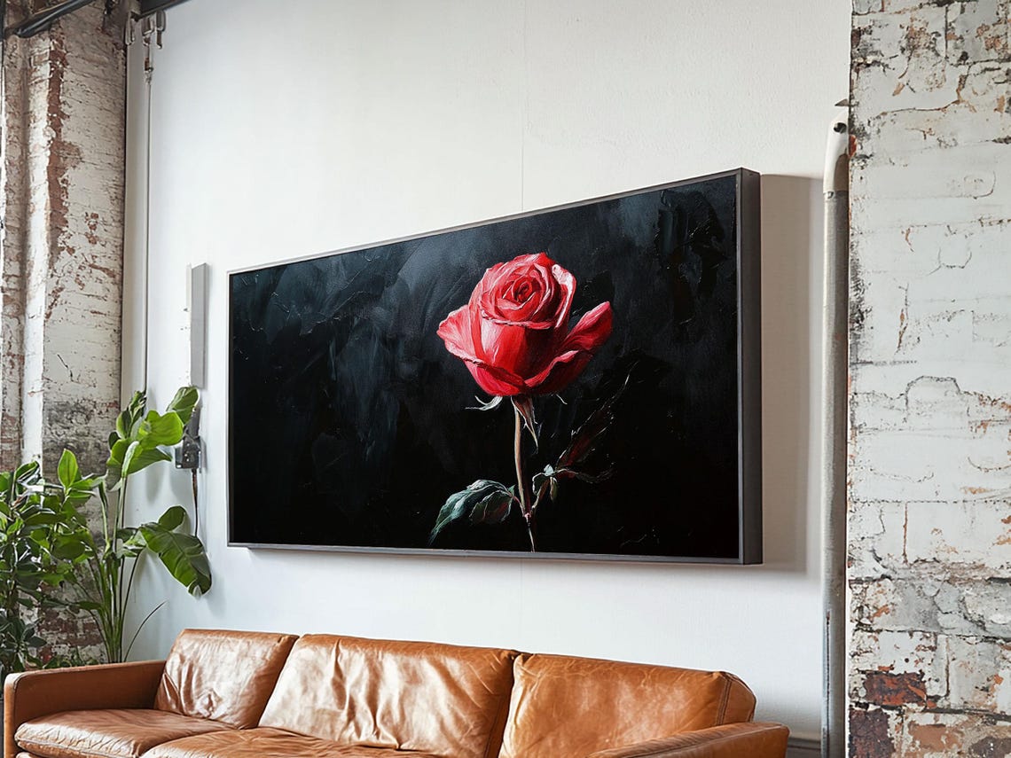 Moody Red Rose Oil Painting Single Flower on Black Background Poster