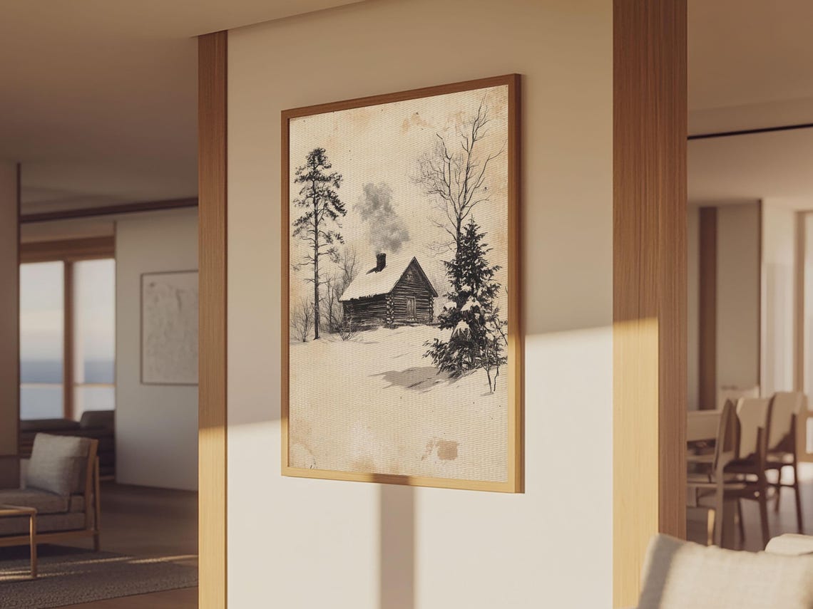 Vintage Snow Covered Log Cabin in Winter Forest Sketch Art Poster - Image 3