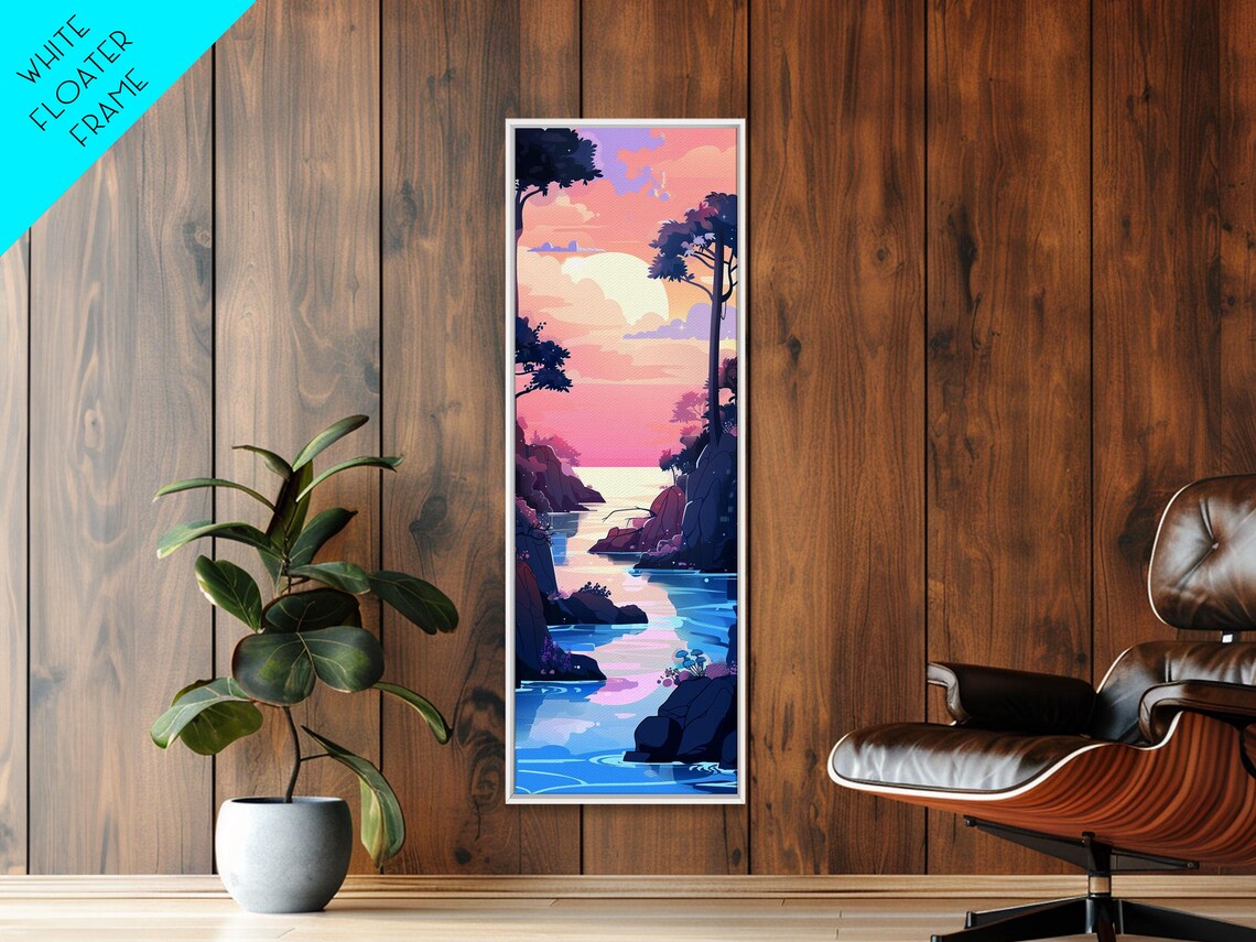 Serene Coastal Sunset Pastel Pink Blue Rocky Cove Tall Art Print - Image 4