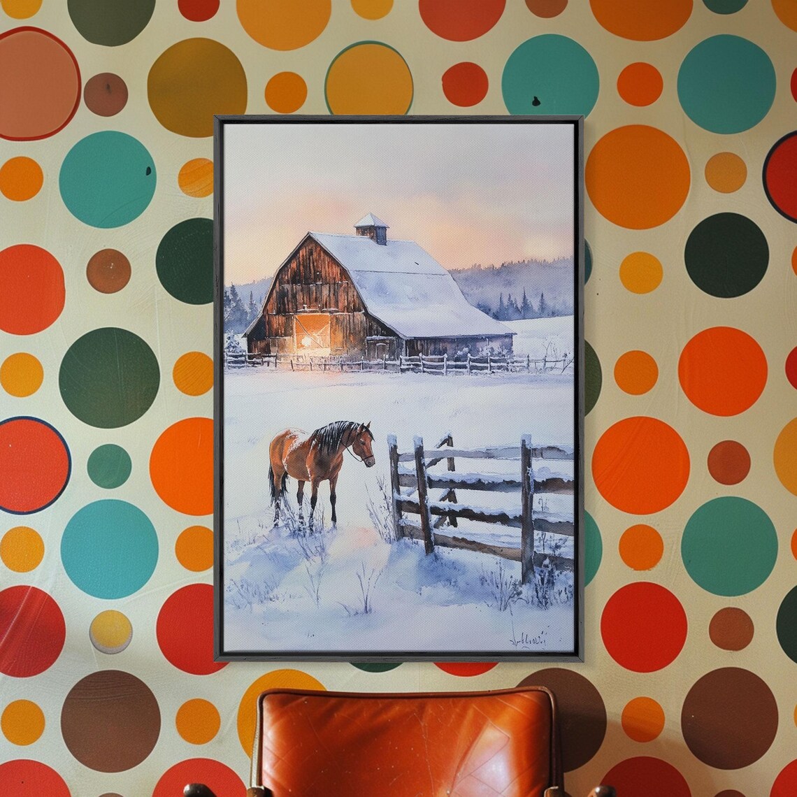 Horse In Snowy Pasture Before Barn At Dusk Winter Farm Poster - Image 5