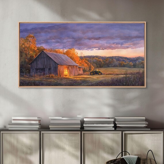 Rustic Autumn Farmhouse Decor Print Sunset Landscape With Tractor And Barn Moody Landscape Fall Decor Autumn Wall Art Gift Idea
