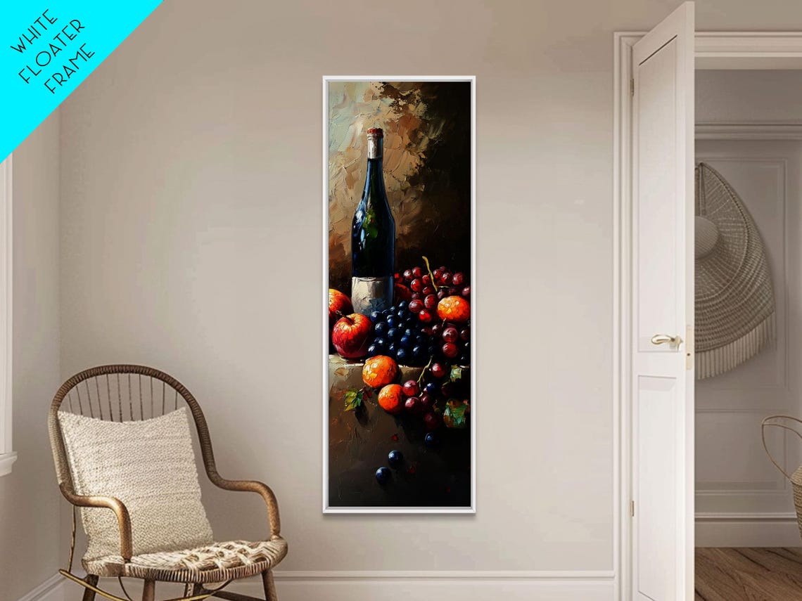 Skinny Vertical Art For Wine Cellar Wine Room Art Still Life Oil Painting Of Wine And Grapes Victorian Oil Painting Retro Kitchen Decor